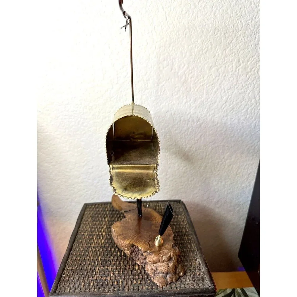 Vintage Burl Wood Pen Holder Metal Mailbox Desk Office Items